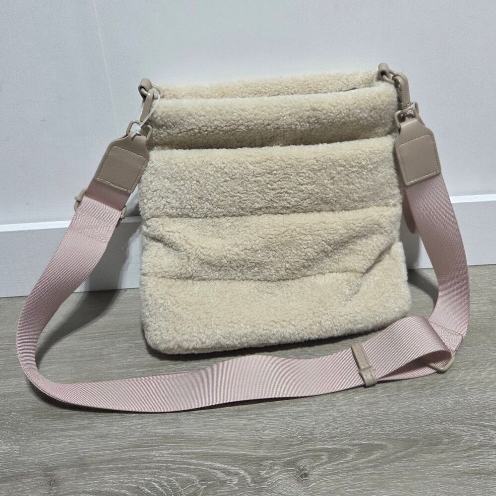 Danskin Ivory Faux Fur Crossbody Purse with Pink Strap NWOT